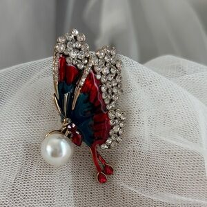 Crystal & Enamel Red Butterfly Brooch with Pearl Accent